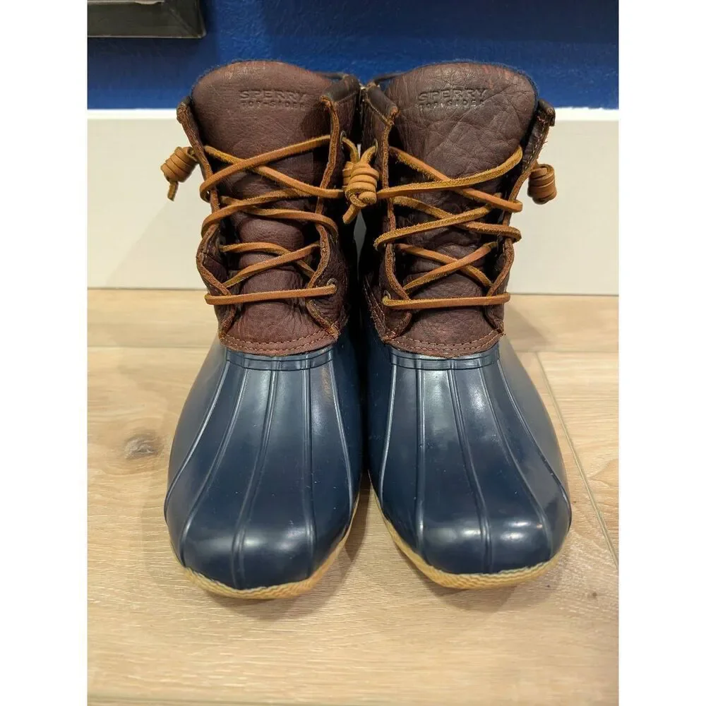 Sperry Duck Boots Women’s 9 Brown Leather & Navy Rubber Waterproof Rain Boots EU